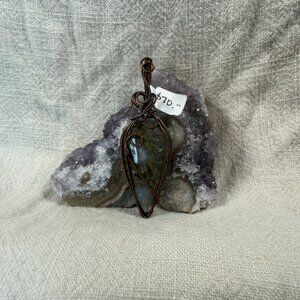 Natural Moss Agate Elongated Teardrop Gemstone Copper Wire Wrapped Pendant